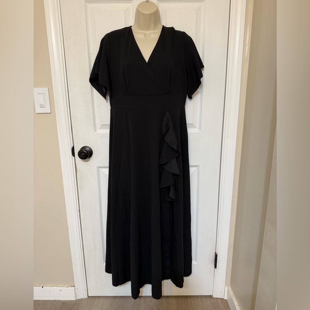 NWT Cooan Black V-Neck Ruffle Midi Dress Evening Cocktail L - Picture 3 of 6